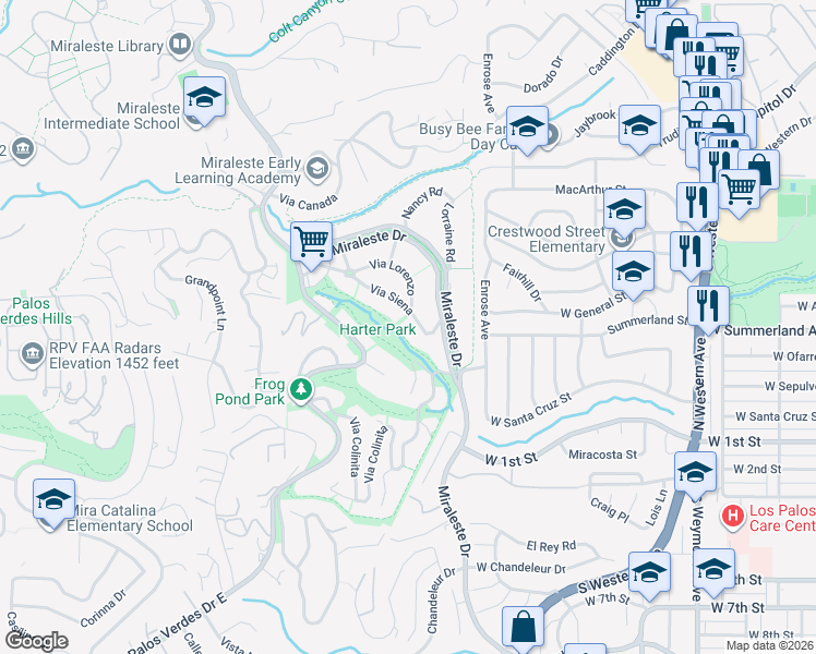 map of restaurants, bars, coffee shops, grocery stores, and more near 6604 Via Siena in Rancho Palos Verdes