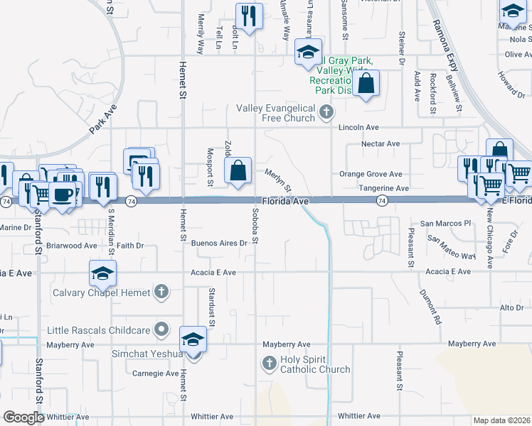 map of restaurants, bars, coffee shops, grocery stores, and more near 42751 East Florida Avenue in Hemet