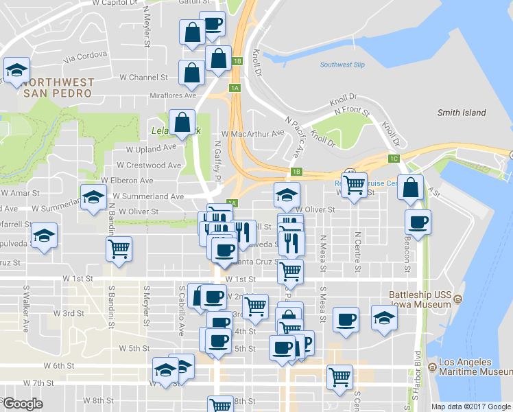 map of restaurants, bars, coffee shops, grocery stores, and more near 596 West Oliver Street in Los Angeles