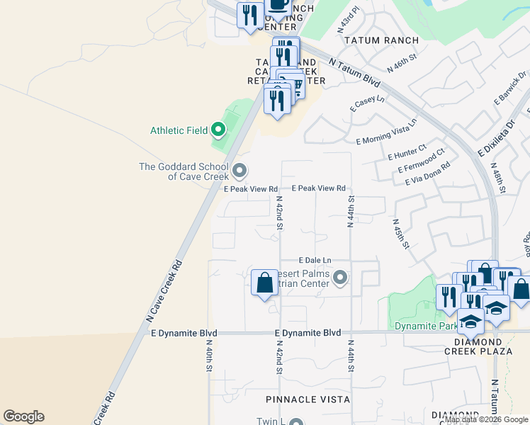 map of restaurants, bars, coffee shops, grocery stores, and more near 4130 East Hoot Owl Trail in Cave Creek