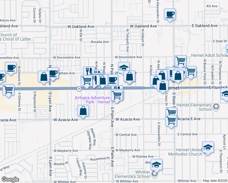 map of restaurants, bars, coffee shops, grocery stores, and more near 903 West Florida Avenue in Hemet