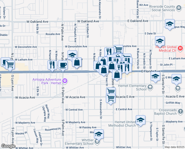map of restaurants, bars, coffee shops, grocery stores, and more near 158-198 South Ramona Street in Hemet