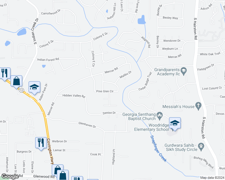 map of restaurants, bars, coffee shops, grocery stores, and more near 1612 Pine Glen Circle in Decatur