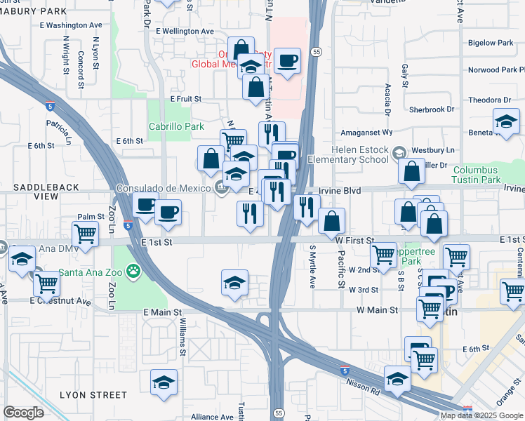 map of restaurants, bars, coffee shops, grocery stores, and more near 151 North Tustin Avenue in Tustin