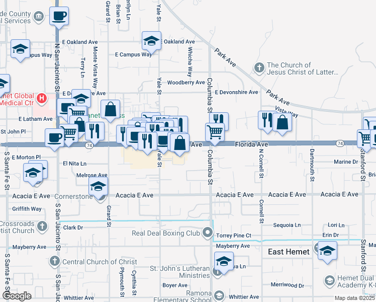 map of restaurants, bars, coffee shops, grocery stores, and more near 2325 East Florida Avenue in Hemet
