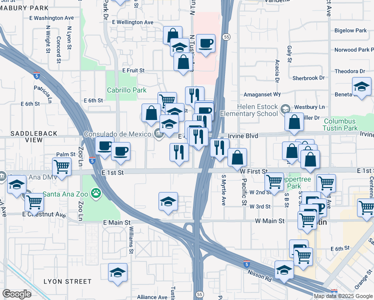 map of restaurants, bars, coffee shops, grocery stores, and more near 300 North Tustin Avenue in Santa Ana