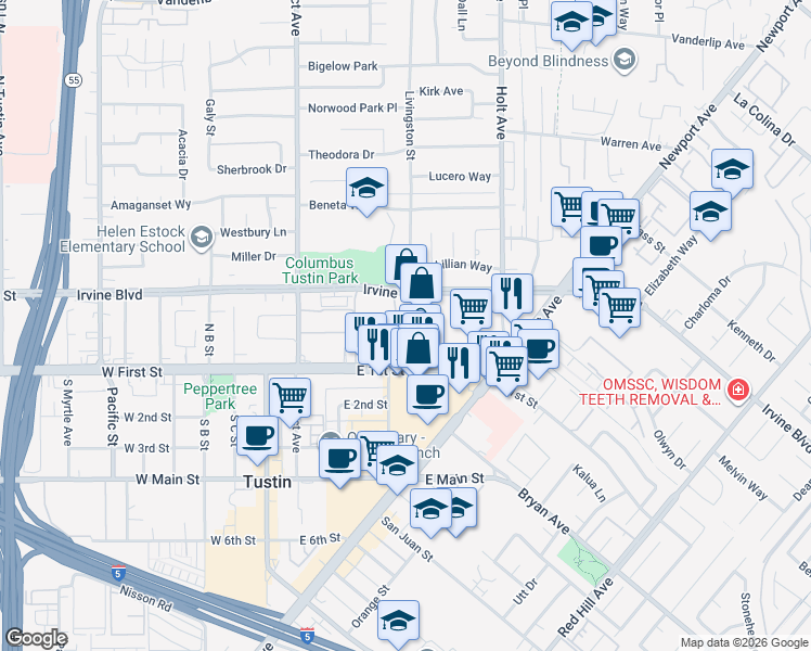 map of restaurants, bars, coffee shops, grocery stores, and more near 202 Fashion Lane in Tustin