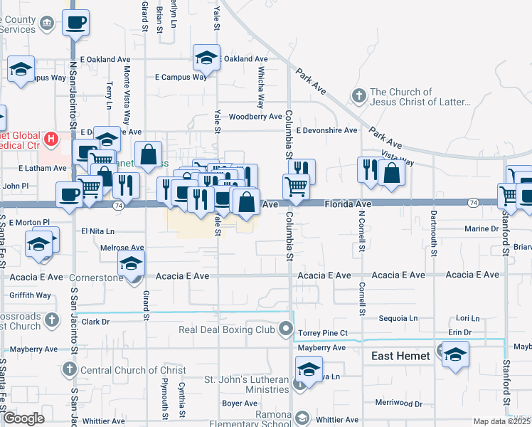 map of restaurants, bars, coffee shops, grocery stores, and more near 2325 East Florida Avenue in Hemet