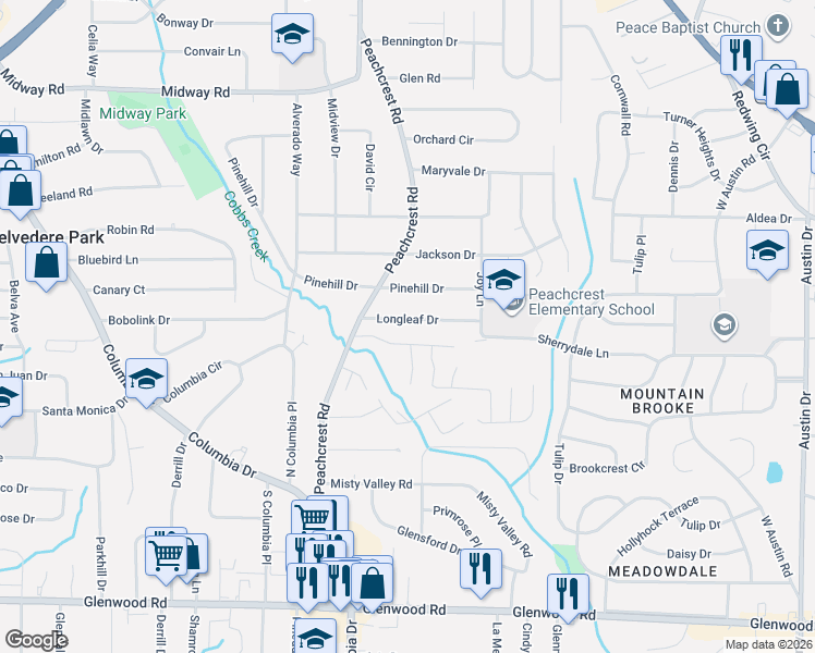 map of restaurants, bars, coffee shops, grocery stores, and more near 3407 Longleaf Drive in Decatur