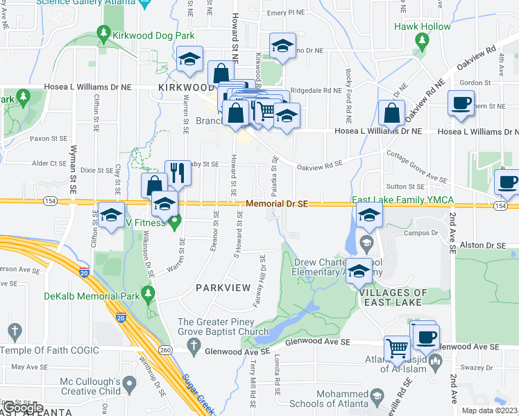 map of restaurants, bars, coffee shops, grocery stores, and more near 2013 Memorial Drive Southeast in Atlanta