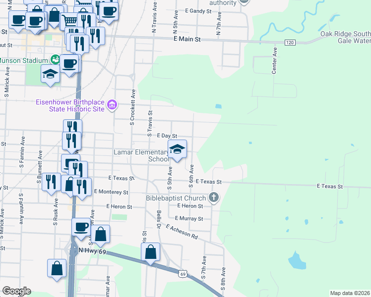 map of restaurants, bars, coffee shops, grocery stores, and more near 523 Munson Street in Denison