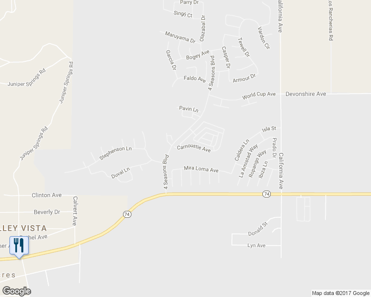 map of restaurants, bars, coffee shops, grocery stores, and more near 8295 Carnoustie Avenue in Hemet