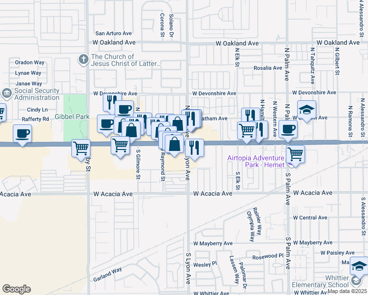 map of restaurants, bars, coffee shops, grocery stores, and more near 1701 West Florida Avenue in Hemet