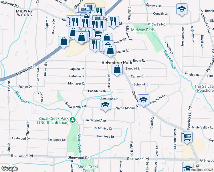 map of restaurants, bars, coffee shops, grocery stores, and more near 1557 Belva Avenue in Decatur