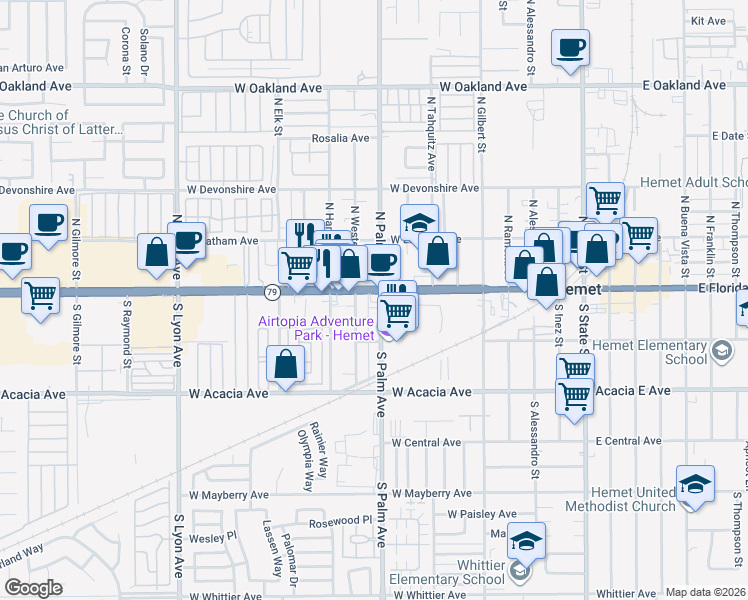 map of restaurants, bars, coffee shops, grocery stores, and more near 903 West Florida Avenue in Hemet