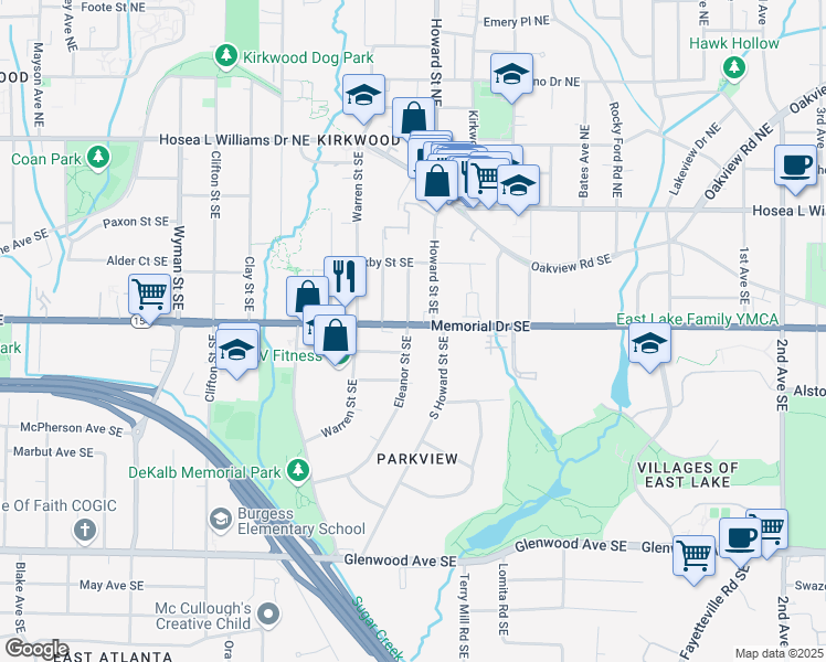 map of restaurants, bars, coffee shops, grocery stores, and more near 1931 Memorial Drive Southeast in Atlanta