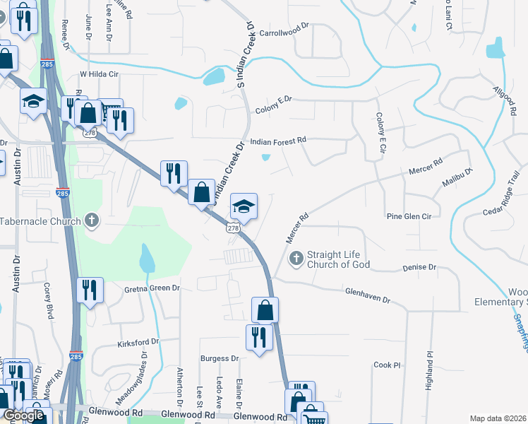 map of restaurants, bars, coffee shops, grocery stores, and more near 4230 Alden Park Drive in Decatur