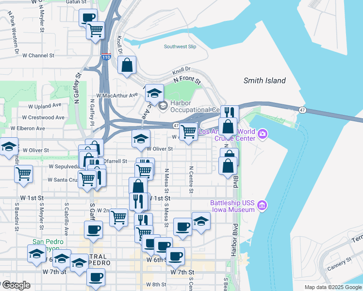 map of restaurants, bars, coffee shops, grocery stores, and more near 334 West Oliver Street in Los Angeles