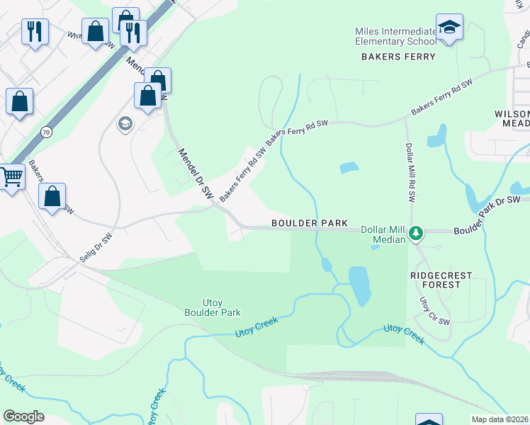 map of restaurants, bars, coffee shops, grocery stores, and more near 4555 Boulder Park Drive Southwest in Atlanta