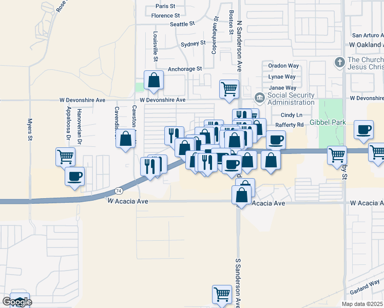 map of restaurants, bars, coffee shops, grocery stores, and more near 3600 West Florida Avenue in Hemet
