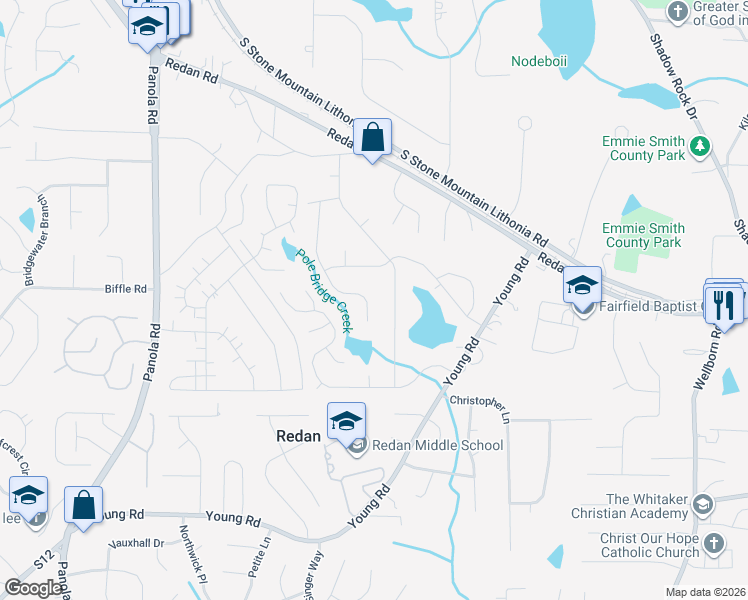 map of restaurants, bars, coffee shops, grocery stores, and more near 1528 Saint Dunstans Road in Lithonia