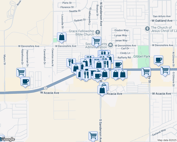 map of restaurants, bars, coffee shops, grocery stores, and more near 4000 West Florida Avenue in Hemet
