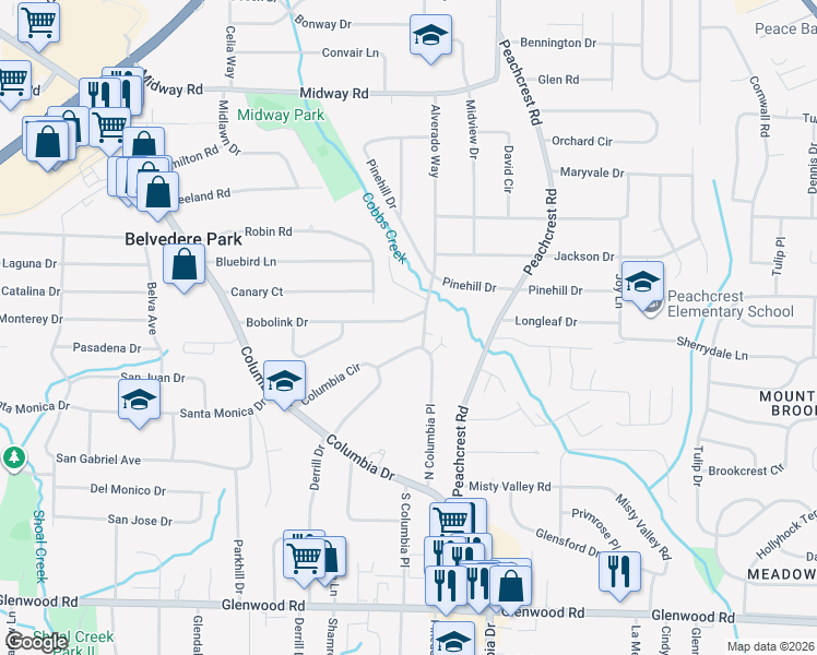 map of restaurants, bars, coffee shops, grocery stores, and more near 3291 Bobolink Drive in Decatur