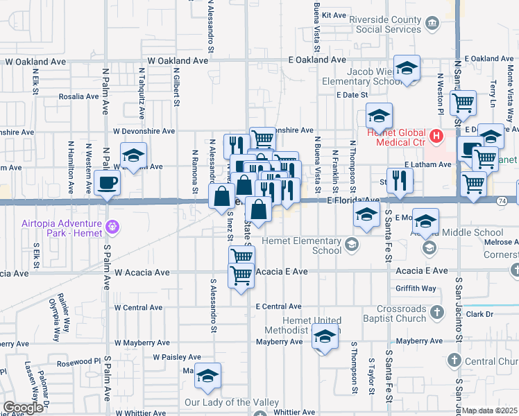 map of restaurants, bars, coffee shops, grocery stores, and more near 135 East Florida Avenue in Hemet
