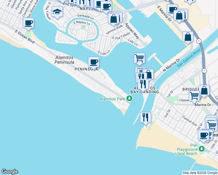 map of restaurants, bars, coffee shops, grocery stores, and more near 26 66th Place in Long Beach