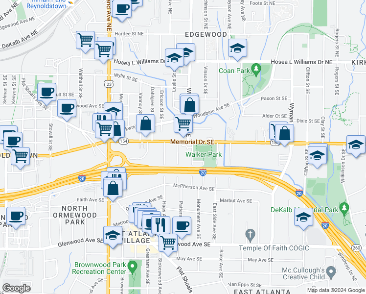 map of restaurants, bars, coffee shops, grocery stores, and more near 1365 Memorial Drive Southeast in Atlanta