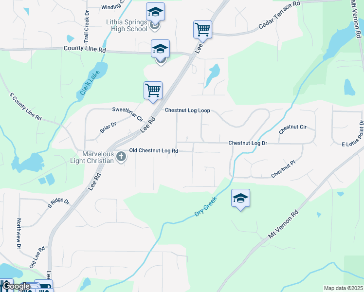 map of restaurants, bars, coffee shops, grocery stores, and more near 8571 Chestnut Log Lane in Lithia Springs