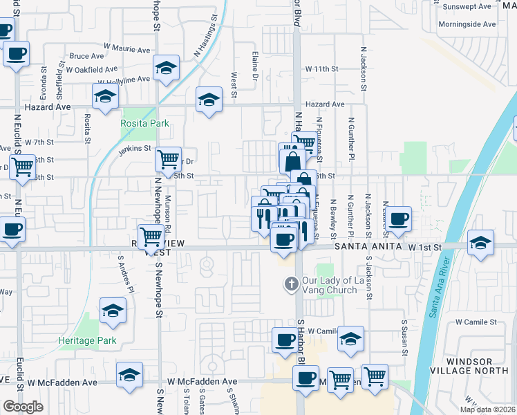 map of restaurants, bars, coffee shops, grocery stores, and more near 3900 West 5th Street in Santa Ana