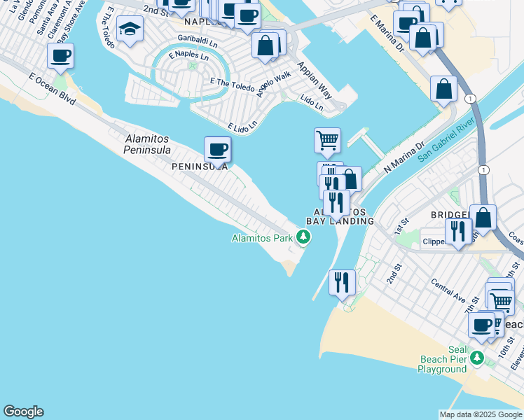 map of restaurants, bars, coffee shops, grocery stores, and more near 50 68th Place in Long Beach