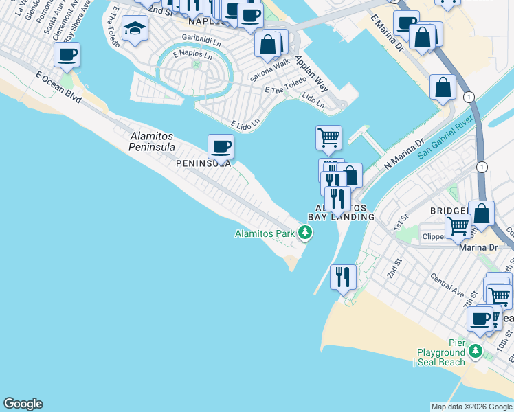 map of restaurants, bars, coffee shops, grocery stores, and more near 26 66th Place in Long Beach