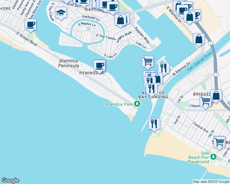 map of restaurants, bars, coffee shops, grocery stores, and more near 26 66th Place in Long Beach