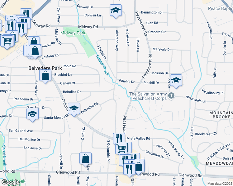 map of restaurants, bars, coffee shops, grocery stores, and more near 1546 Alverado Way in Decatur
