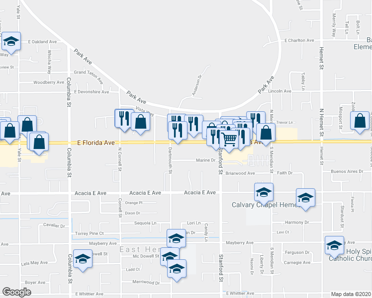 map of restaurants, bars, coffee shops, grocery stores, and more near 41591 East Florida Avenue in Hemet
