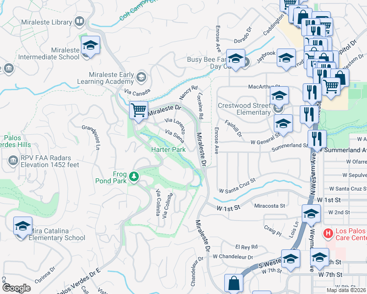 map of restaurants, bars, coffee shops, grocery stores, and more near 6604 Via Siena in Rancho Palos Verdes