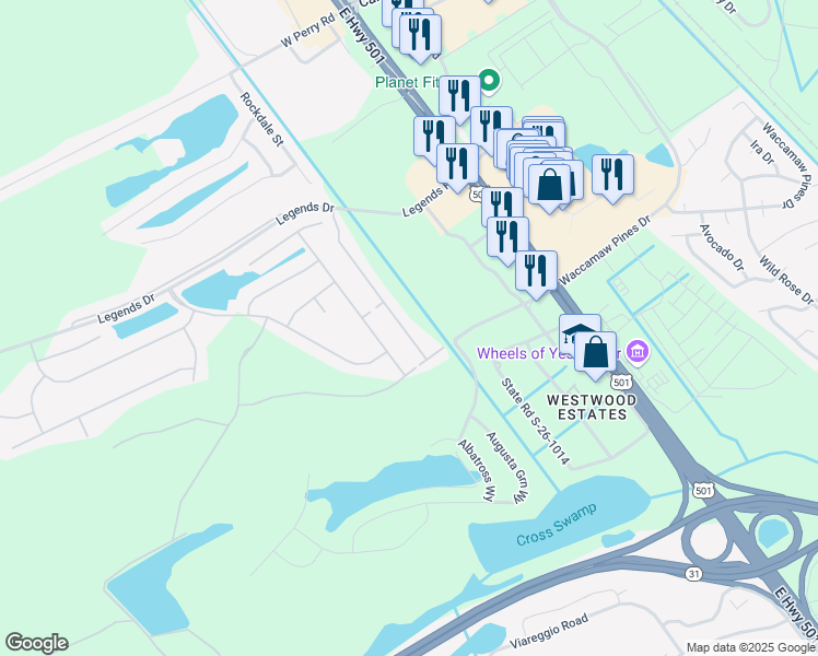 map of restaurants, bars, coffee shops, grocery stores, and more near 1695 Palmetto Palm Drive in Myrtle Beach
