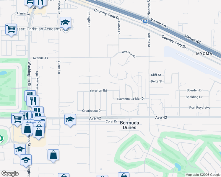 map of restaurants, bars, coffee shops, grocery stores, and more near 78680 Ewarton Road in Bermuda Dunes