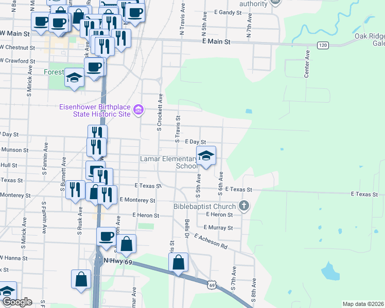 map of restaurants, bars, coffee shops, grocery stores, and more near 428 Munson Street in Denison