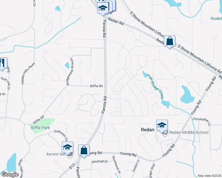 map of restaurants, bars, coffee shops, grocery stores, and more near 1523 Stoneleigh Circle in Stone Mountain