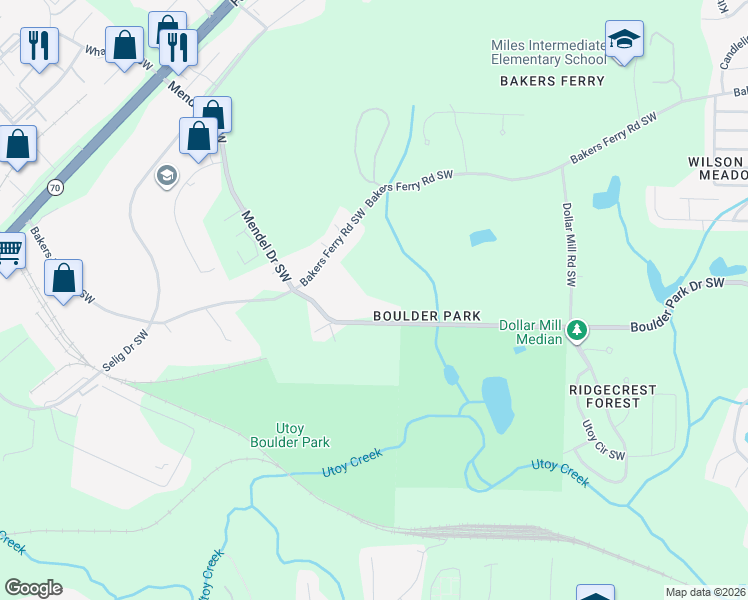 map of restaurants, bars, coffee shops, grocery stores, and more near 4555 Boulder Park Drive Southwest in Atlanta