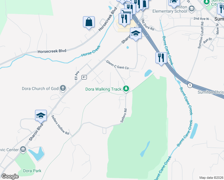 map of restaurants, bars, coffee shops, grocery stores, and more near Horse Creek Trail in Dora