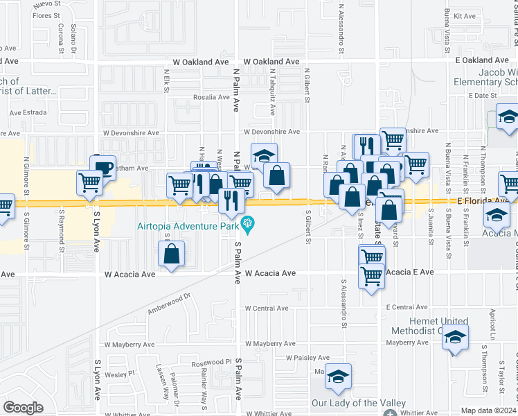 map of restaurants, bars, coffee shops, grocery stores, and more near 849 West Florida Avenue in Hemet