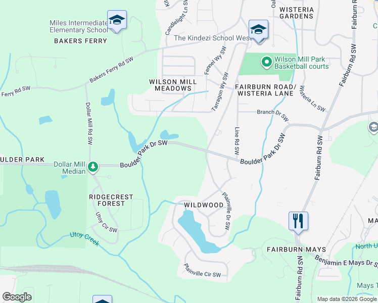 map of restaurants, bars, coffee shops, grocery stores, and more near 4004 Boulder Park Drive Southwest in Atlanta