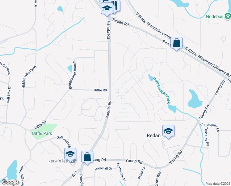 map of restaurants, bars, coffee shops, grocery stores, and more near 1523 Stoneleigh Circle in Stone Mountain
