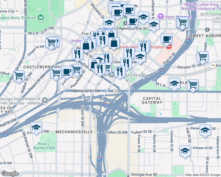 map of restaurants, bars, coffee shops, grocery stores, and more near 201 Washington Street Southwest in Atlanta