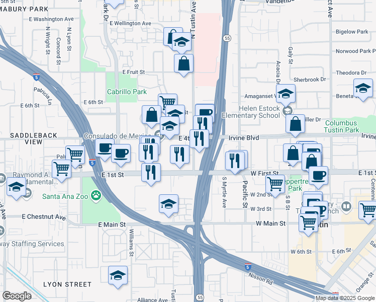 map of restaurants, bars, coffee shops, grocery stores, and more near 300 North Tustin Street in Orange
