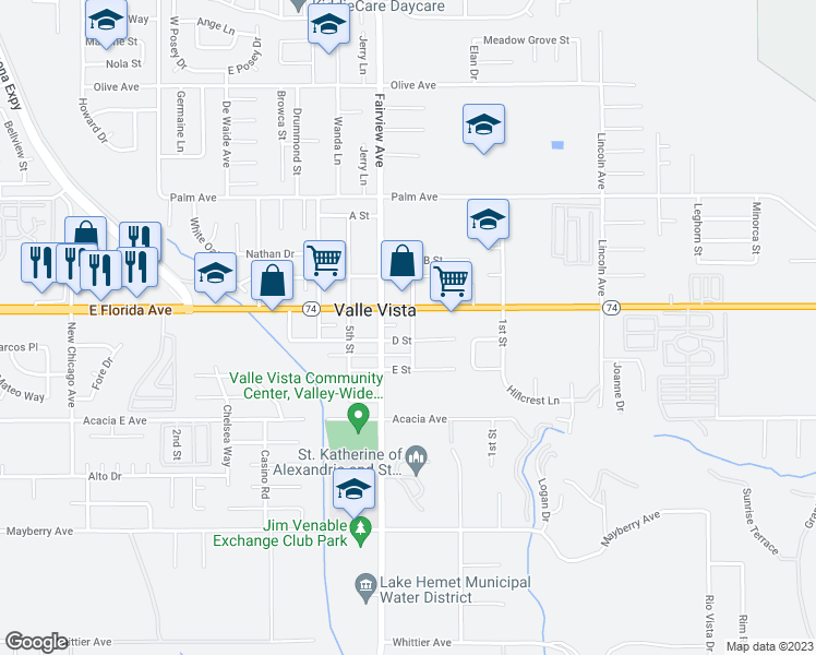 map of restaurants, bars, coffee shops, grocery stores, and more near 25791 4th Street in Hemet